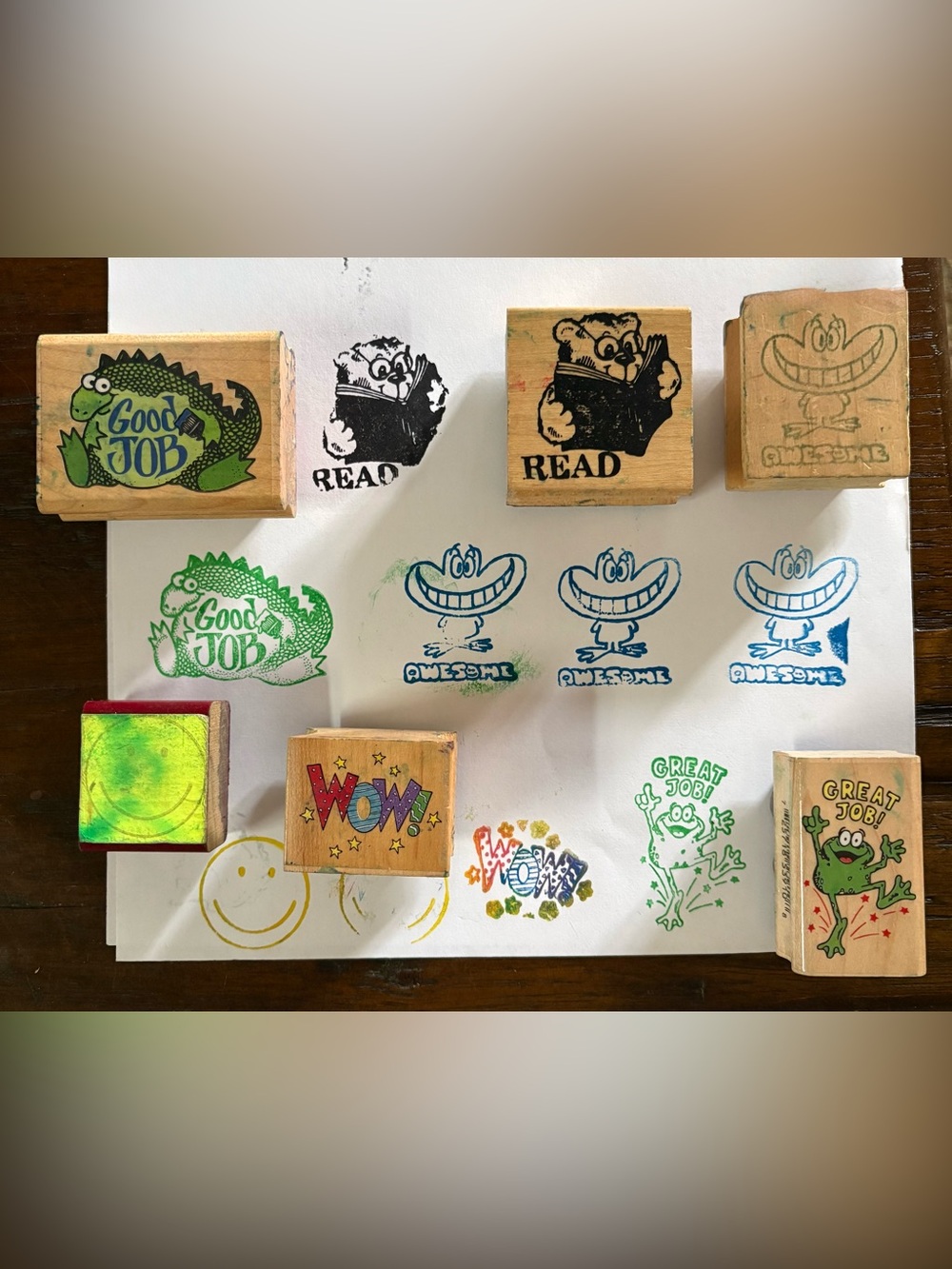 Lot of 6 Vintage Teacher Reward Rubber Stamps Good Job Read Wow Frog Classroom